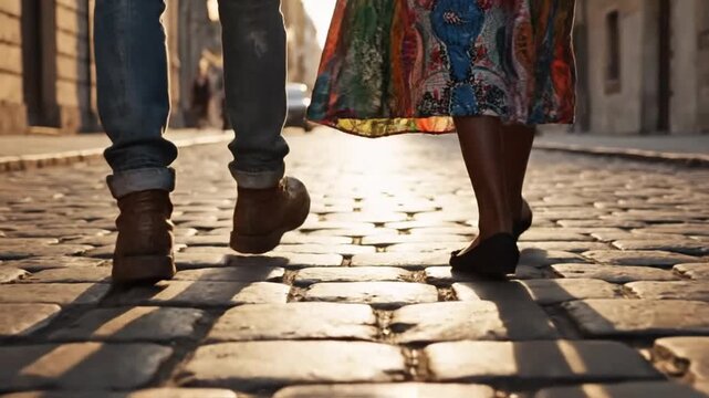 People walking on cobblestone street