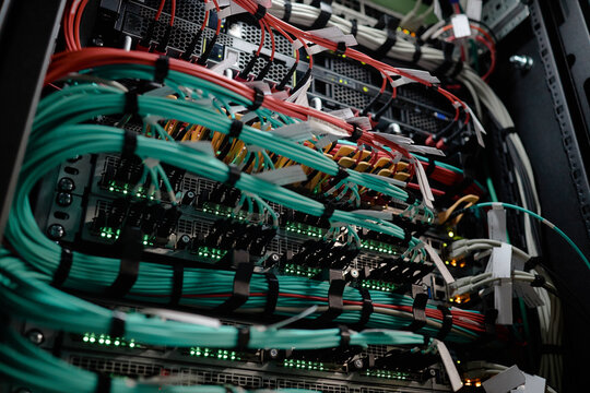 Network server rack showing multiple rows of connected ethernet cables and blinking indicator lights, illustrating data center infrastructure and high speed internet connectivity
