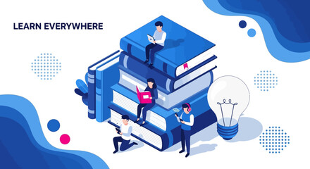 Obraz premium Isometric E-Learning Concept with People Using Digital Devices and Books, Online Education and Lifelong Learning Vector Illustration