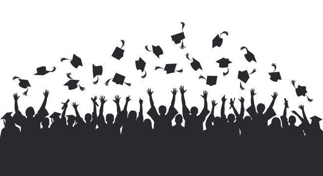 Silhouette of a Group of Graduates Tossing Mortarboards into the Air Against a White Background