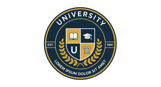 Academic University Seal Logo and Heraldic Crest Emblem with Shield, Book, Graduation Cap, and Laurel Wreath