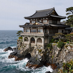 Fototapeta premium Traditional Japanese Ocean Cliff. Ornate House On A Cliff Overlooking The Ocean