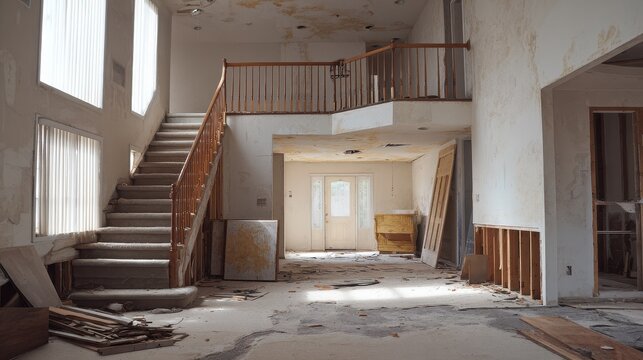 Dilapidated interior of a house undergoing renovation