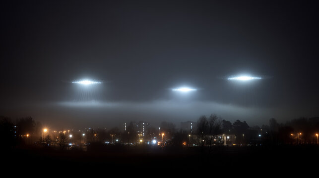 UFOs hovering over a town