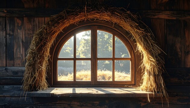 Rustic Attic Window Bathed in Golden Sunlight with Hay Bales and Forest View.