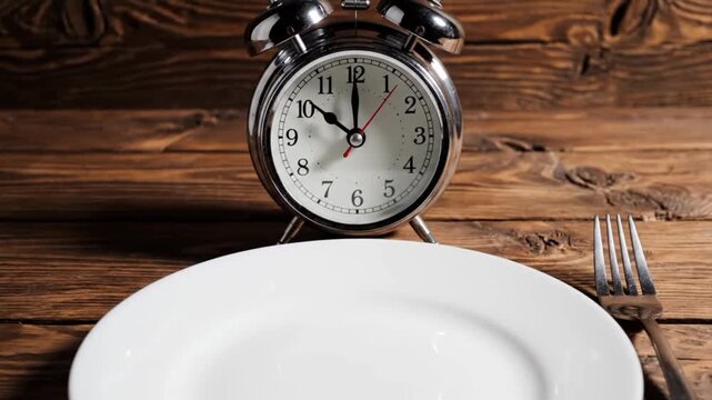 A small clock near the empty plates on the wooden table, indicating it's time to eat