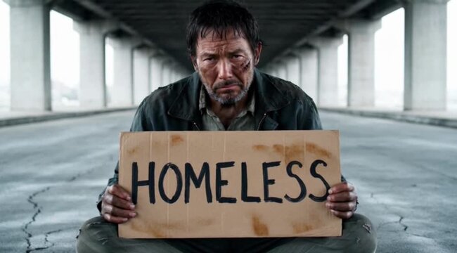 A solemn man experiencing homelessness holds a cardboard sign displaying the word "HOMELESS" directly.