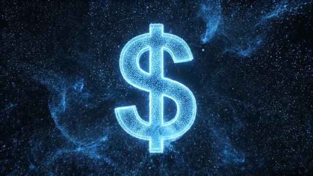 A glowing dollar sign composed of blue particles against a dark background with scattered effects