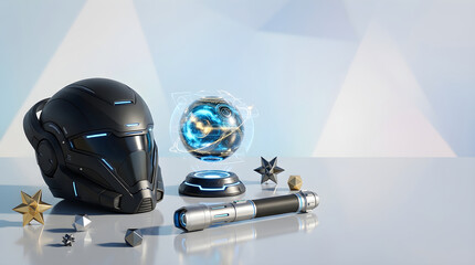 Fototapeta premium Futuristic Sci-Fi Equipment Collection with a Black Helmet, Glowing Holographic Orb, and Metal Hilt on a Minimalist Surface, Celebrating Star Wars Day Concept for Space Opera Fans.