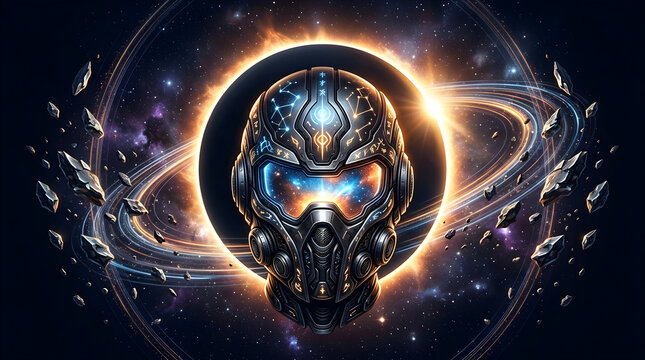 Futuristic Sci-Fi Helmet with Cosmic Runes and Constellation Patterns, Floating in Deep Space Against a Solar Eclipse and Planetary Rings, Concept Art for Galactic Adventure and Sci-Fi Themes.