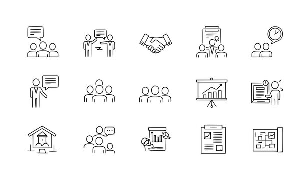 Minimal business cooperation line icon collection teamwork meeting partnership vector illustration isolated on white background