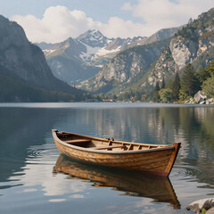 Obraz premium Storybook Illustration Boat Quiet. Serene Lake Scene With Mountains, Small Boat, And Cloudy Sky Reflection