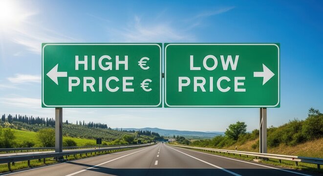 Navigational Signage Indicating Divergent Pricing Paths On A Scenic Highway