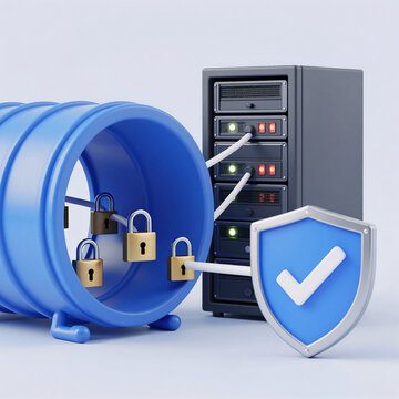 Cartoon Server Grey. Digital Illustration Featuring Three Icons Symbolizing Virtual Private Network Concepts: A Secured Blue Tunnel, Server Rack With Status Lights, And Security Shield With Checkmark