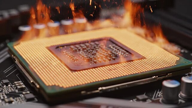 A CPU on a circuit board bursts into flames. Intense close-up with burning detail