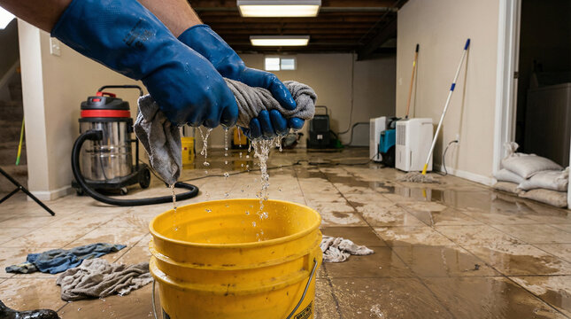 A person is cleaning up a flooded basement