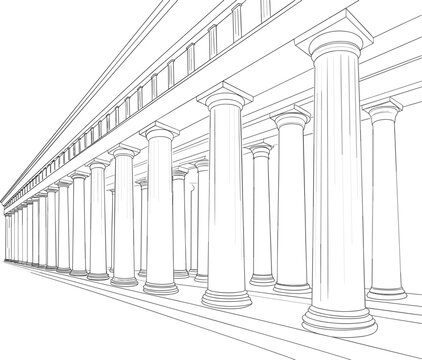 Classical architectural colonnade with Greek columns vector, perspective line art for history, justice, and museum concept