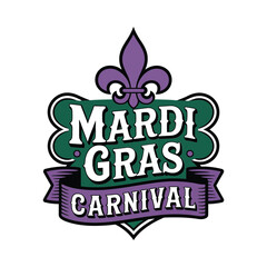 A vibrant mardi gras logo featuring the fleur de lis and festive lettering © MDMINTU