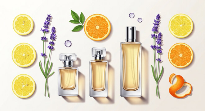 Perfume bottles with citrus fruits and lavender flowers on a white background illustrating a fresh and floral fragrance concept