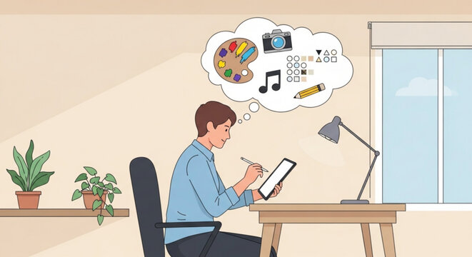 Creative man sitting at desk with tablet thinking about art and music in a modern home office