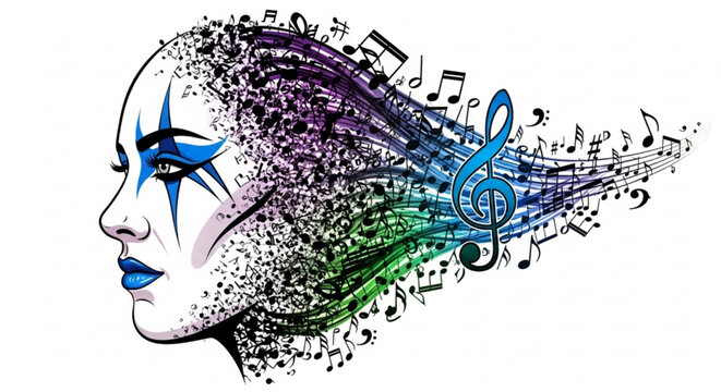 Woman's face with blue makeup and musical notes emerging from her hair in vibrant colors