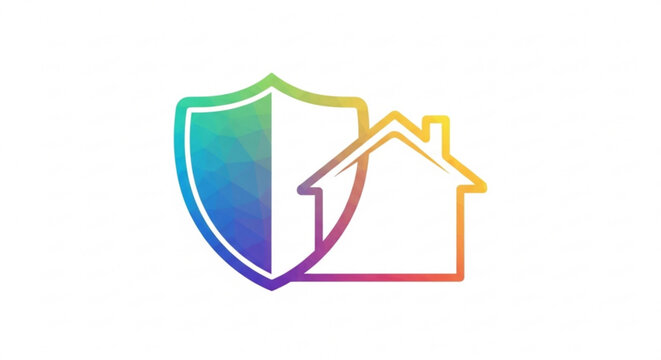Rainbow shield and house logo symbolizing protection and security