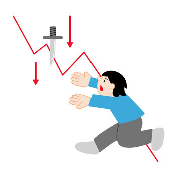 イラスト | 主線なし | 暴落するチャートと落ちてくるナイフを追う男性 | 投資格言のビジュアル