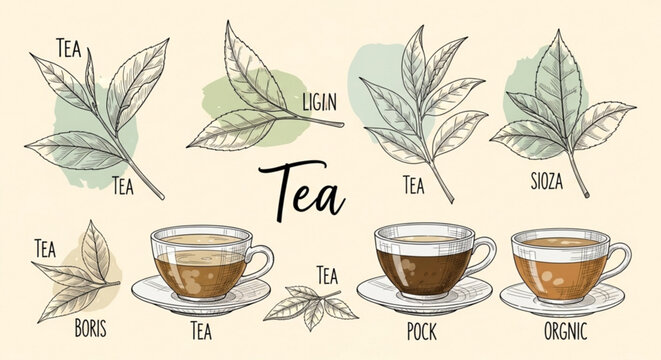 Tea varieties illustrated with leaves and cups on saucers