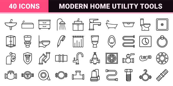Minimalist monoline plumbing and sanitary bathroom icon set featuring geometric line art for modern interior design and architectural planning.