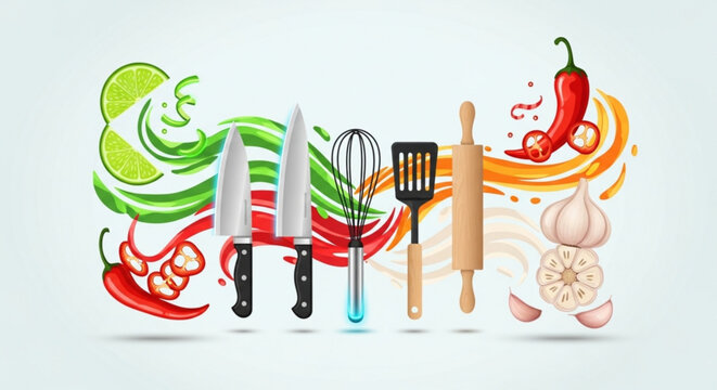 Kitchen utensils and ingredients for cooking kitchenware culinary tools food preparation spices