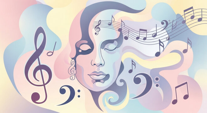 Woman's face with closed eyes surrounded by swirling music notes and colorful abstract shapes in pastel hues