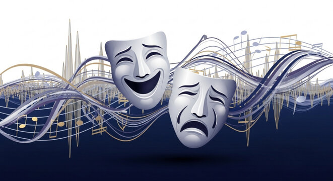 Theatrical comedy and tragedy masks with abstract lines on white and dark blue background