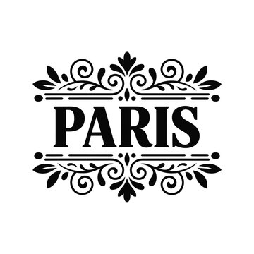 Elegant black floral frame surrounds the word paris in bold lettering