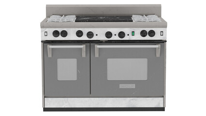 Obraz premium Double kitchen gas stove with multiple burners and oven ready for cooking in a home kitchen setting