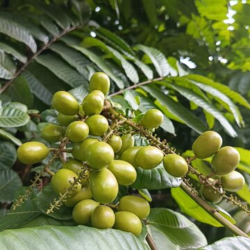 Pometia pinnata tropical fruit cluster on branch with green leaves in natural environment