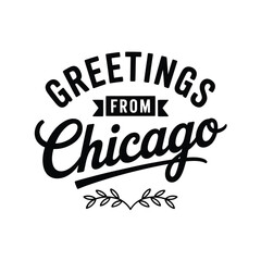 Vintage style black and white graphic reading greetings from chicago with flourishes © MDMINTU