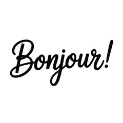 A black cursive inscription of bonjour against a plain white background © MDMINTU