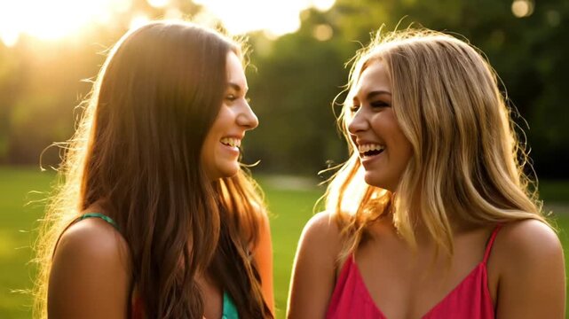 Two happy young women laughing outdoors in golden hour sunlight