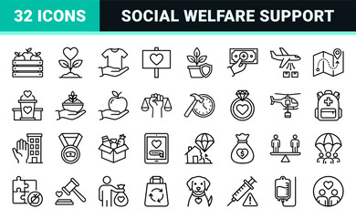 Fototapeta premium Humanitarian Aid and Global Charity Line Art: Minimalist monoline icons for non-profit organizations, disaster relief, and social welfare.
