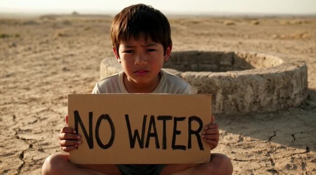 Young boy holds a "NO WATER" sign in a drought-stricken arid landscape, pleading for help.