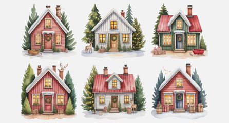 Fototapeta premium Whimsical watercolor winter houses with snowy roofs and evergreen trees