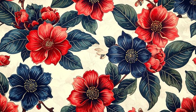 Seamless batik floral pattern, repeating design, detailed flowers and leaves, traditional wax-resist texture, high resolution textile print
