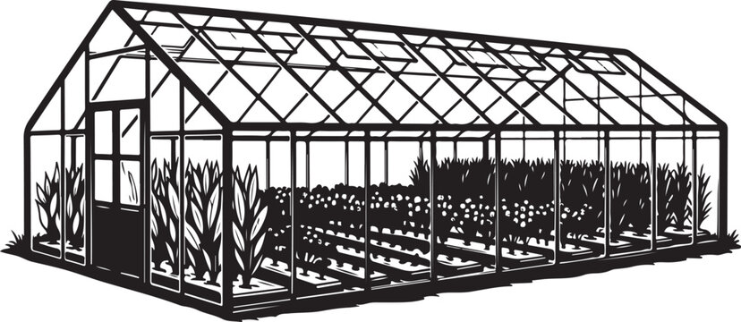 Greenhouse with plants and metal frame structure illustration