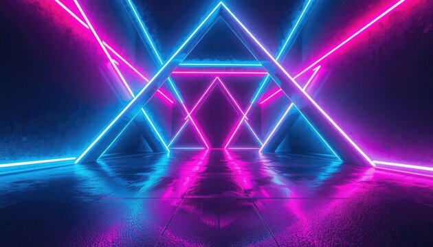 Futuristic neon geometric tunnel backdrop for presentations, events, and digital media projects