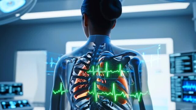 futuristic medical scan shows female torso with visible lungs and heart, surrounded by glowing vital sign graphics in a high tech clinical setting focused on diagnostics and monitoring