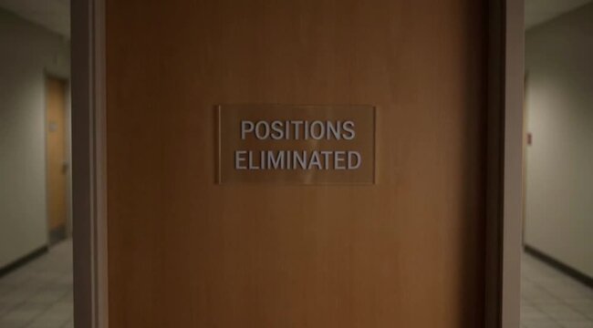 A sign on an office door stating "Positions Eliminated" indicates job loss and economic downturn