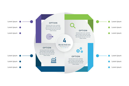 Circular 4 Option Venn diagram infographic chart template with Color Coded Quadrants and Icons for Corporate Strategy, Workflow Planning, and Professional Data Visualization Presentation