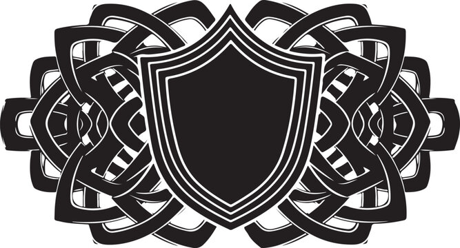 Celtic knotwork shield design with black and white patterns