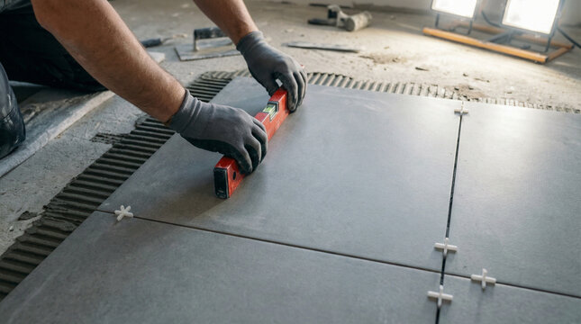 A man is laying a tile floor and using a level to make sure it is even