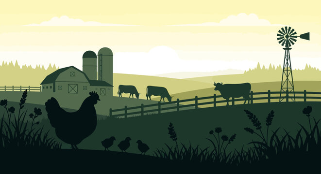 Flat Vector Illustration of a Rural Farm Landscape with Silhouettes of Cows, Chicken, Barn, and Windmill at Sunrise